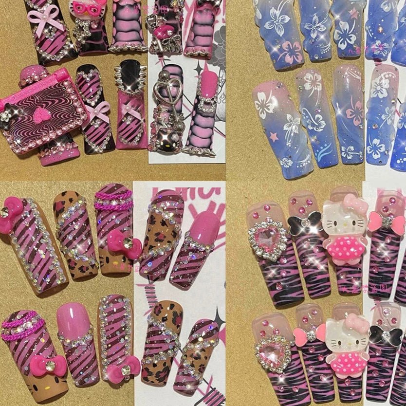Hello Kitty Nails Y2K Leopard Print Press - On Reusable Set - Cake Pops Parties