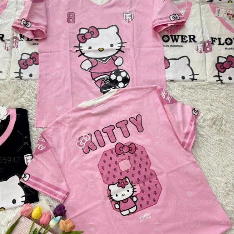 Hello Kitty Stripe Baseball Tee Women's Oversized Summer V - Neck - Cake Pops Parties