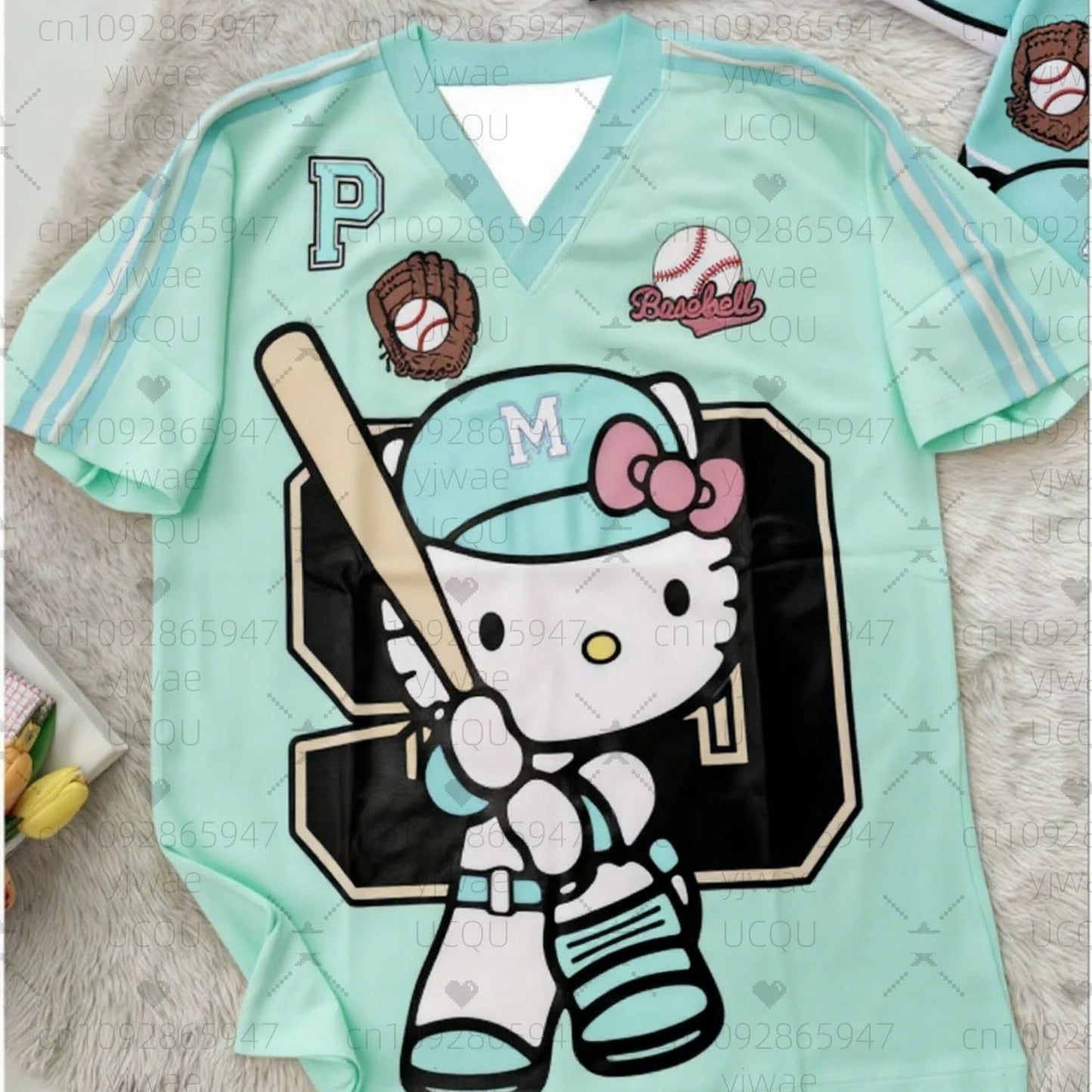 Hello Kitty Stripe Baseball Tee Women's Oversized Summer V - Neck - Cake Pops Parties