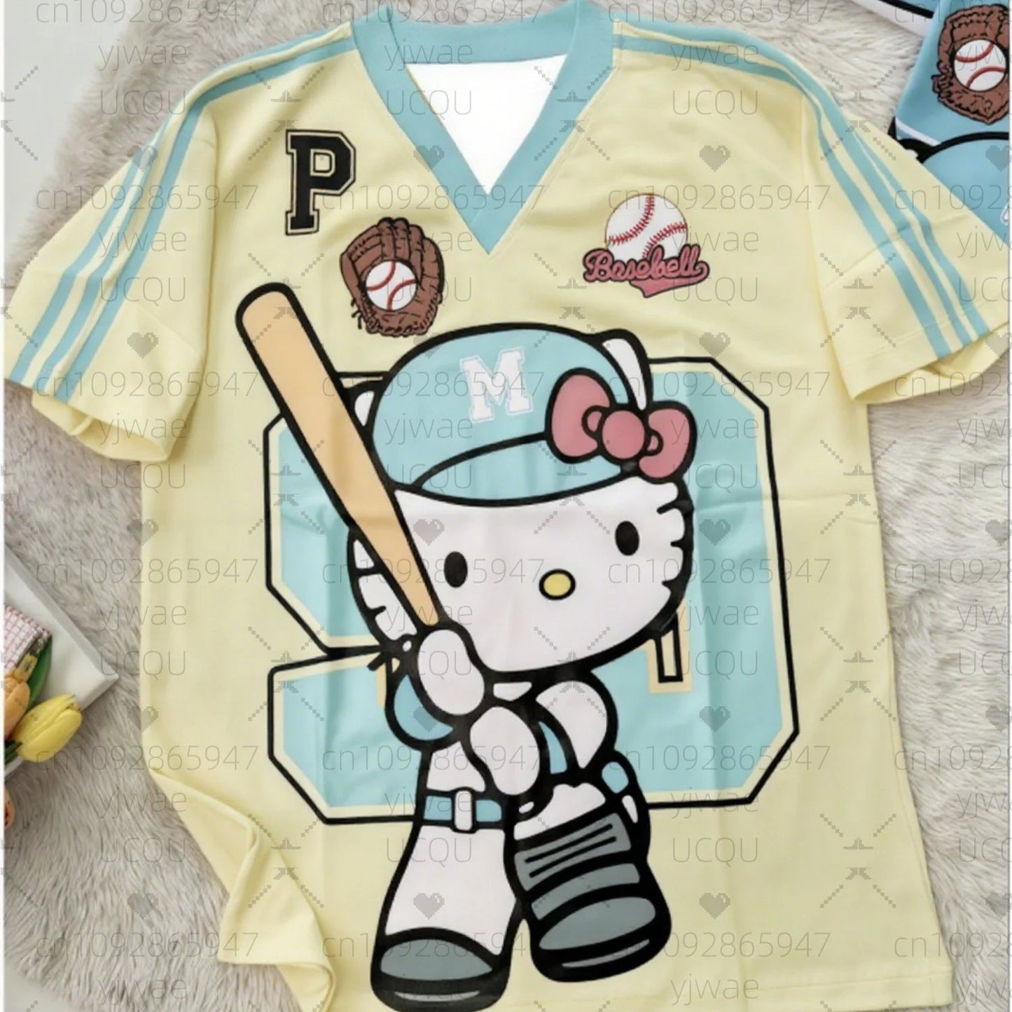 Hello Kitty Stripe Baseball Tee Women's Oversized Summer V - Neck - Cake Pops Parties