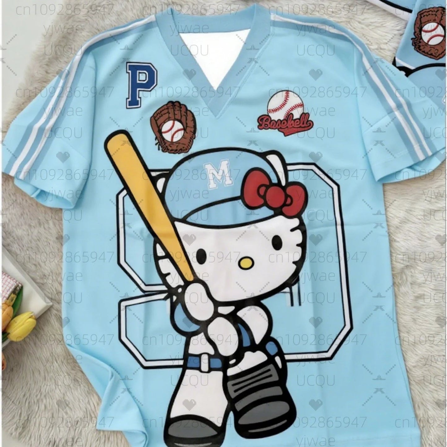 Hello Kitty Stripe Baseball Tee Women's Oversized Summer V - Neck - Cake Pops Parties