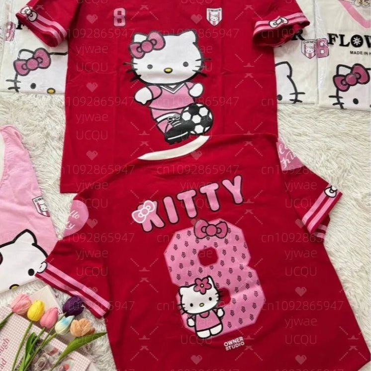 Hello Kitty Stripe Baseball Tee Women's Oversized Summer V - Neck - Cake Pops Parties
