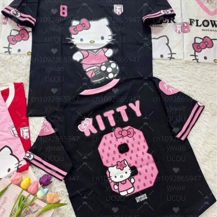 Hello Kitty Stripe Baseball Tee Women's Oversized Summer V - Neck - Cake Pops Parties