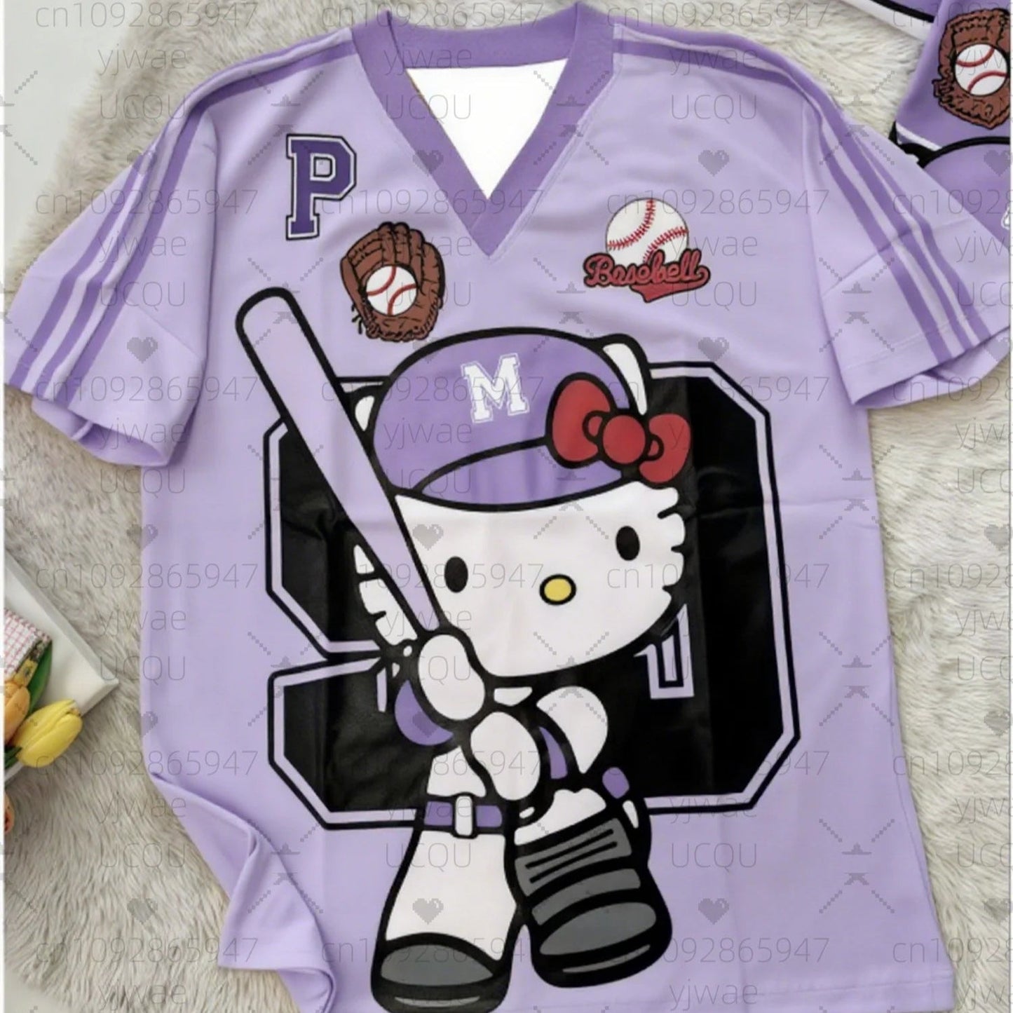 Hello Kitty Stripe Baseball Tee Women's Oversized Summer V - Neck - Cake Pops Parties