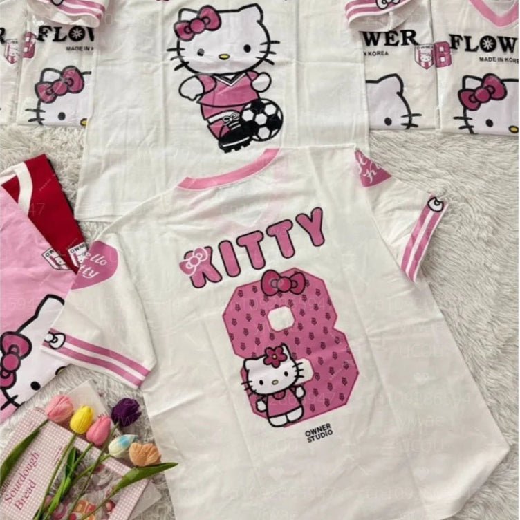 Hello Kitty Stripe Baseball Tee Women's Oversized Summer V - Neck - Cake Pops Parties