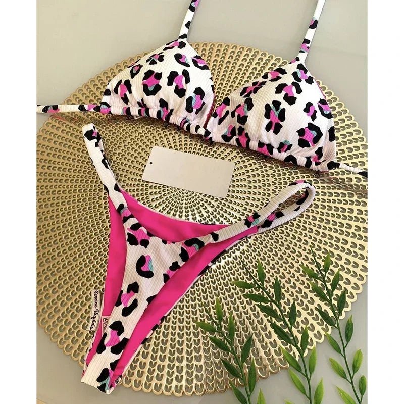 Leopard Print Sexy Bikini Set | Striped Two - Piece Thong Swimsuit | Women - Cake Pops Parties