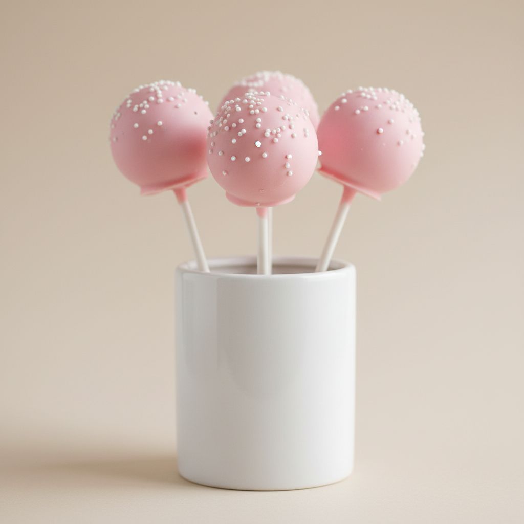 Three pink cake pops with white sprinkles in a white cup on a beige background