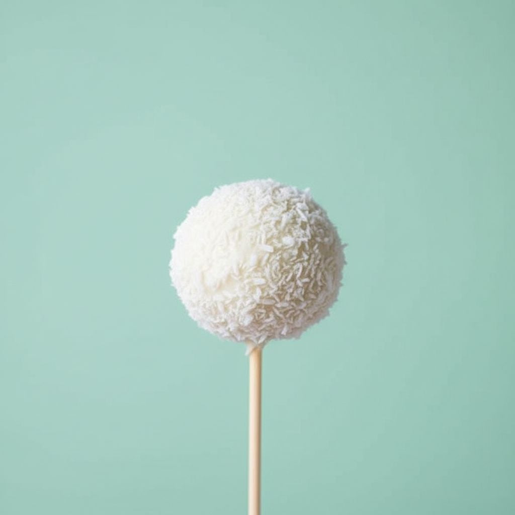 White coconut ball on a stick against a light green background