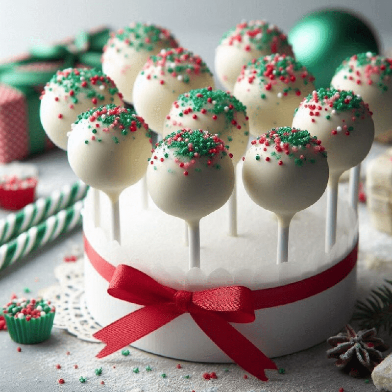 Handcrafted white chocolate cake pops with seasonal sprinkles - premium festive dessert for Christmas parties