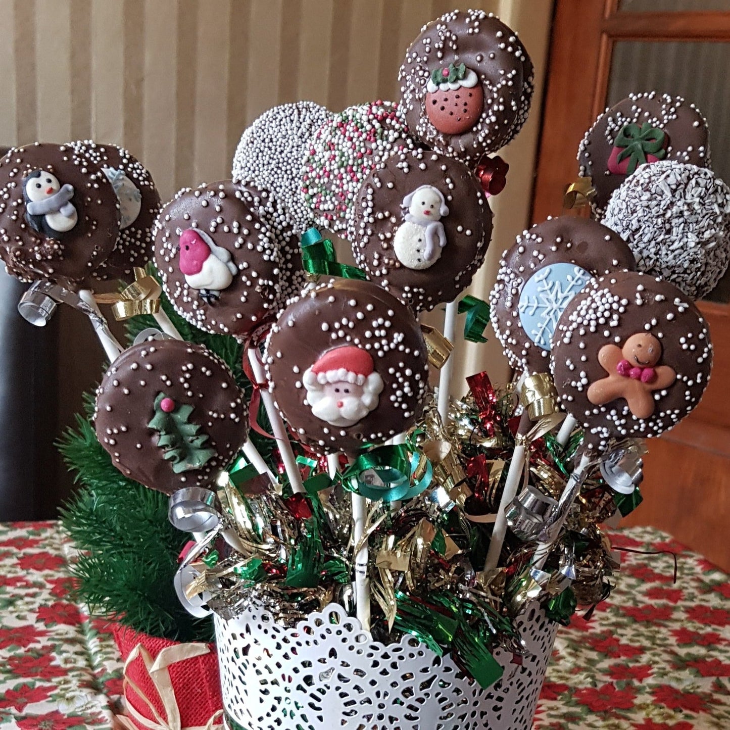 Christmas Oreo cake pops bouquet with festive designs - handmade edible gift UK