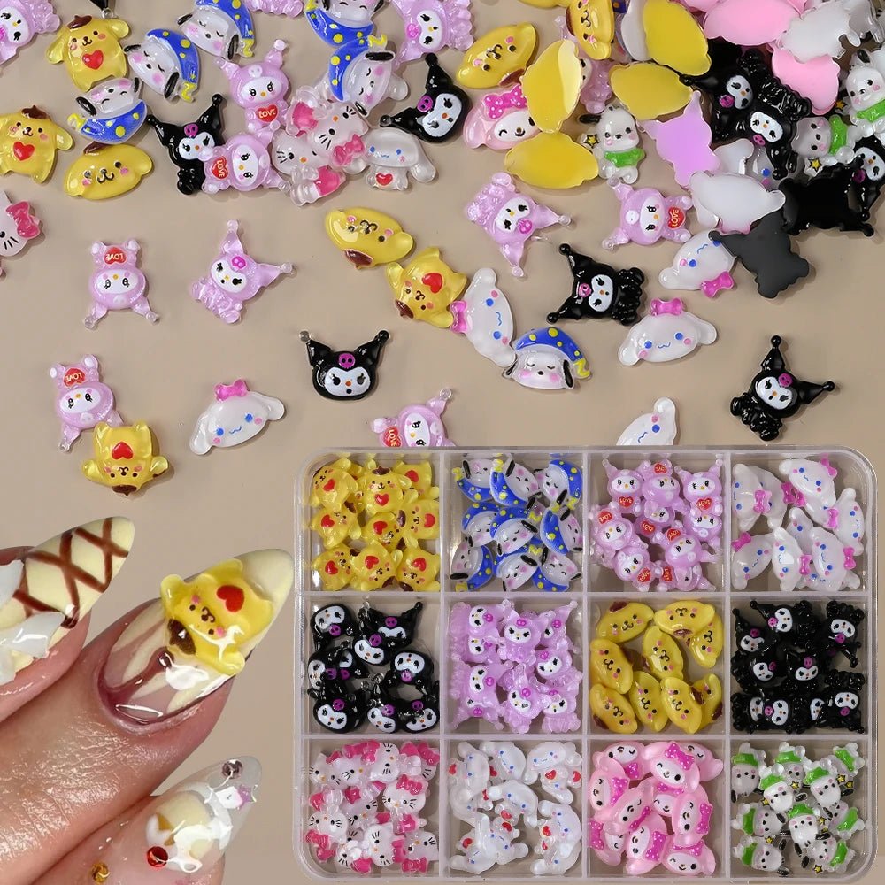 12Grid Sanrio Nail Charms 3D Kuromi Cinnamoroll Hello Kitty Set - Cake Pops Parties