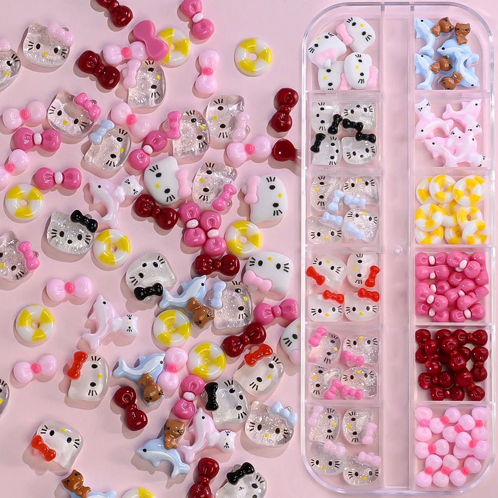 12Grid Sanrio Nail Charms 3D Kuromi Cinnamoroll Hello Kitty Set - Cake Pops Parties