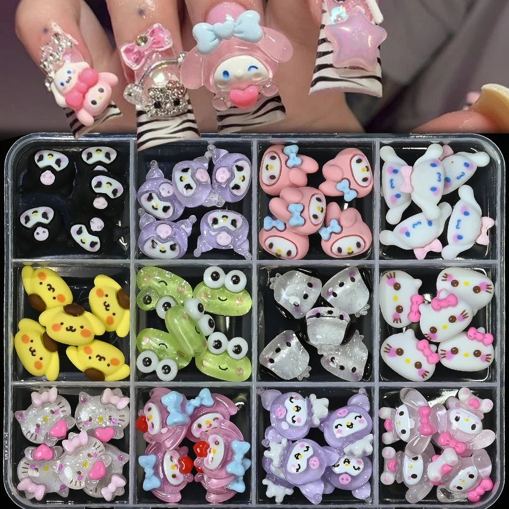 12Grid Sanrio Nail Charms 3D Kuromi Cinnamoroll Hello Kitty Set - Cake Pops Parties