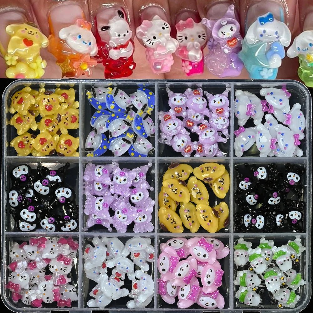 12Grid Sanrio Nail Charms 3D Kuromi Cinnamoroll Hello Kitty Set - Cake Pops Parties