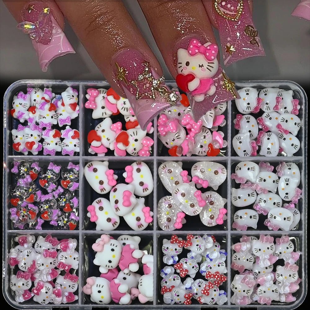 12Grid Sanrio Nail Charms 3D Kuromi Cinnamoroll Hello Kitty Set - Cake Pops Parties