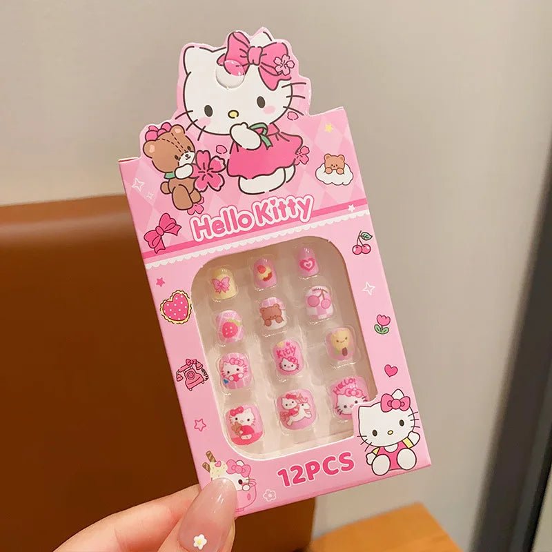 12Pcs Hello Kitty Kuromi Press - On Nails Kids Pink Square Kit - Cake Pops Parties