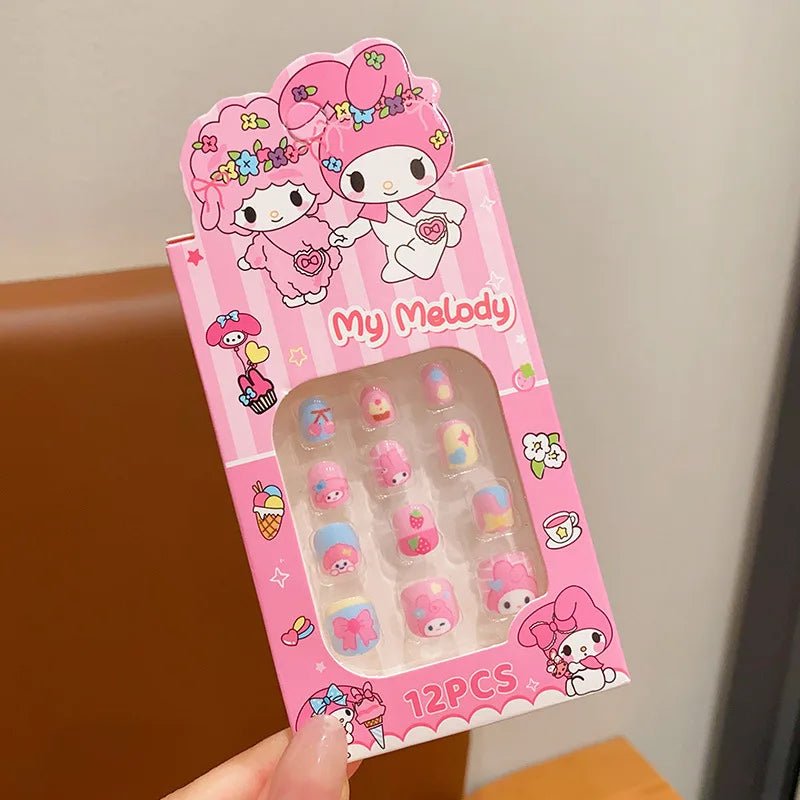12Pcs Hello Kitty Kuromi Press - On Nails Kids Pink Square Kit - Cake Pops Parties