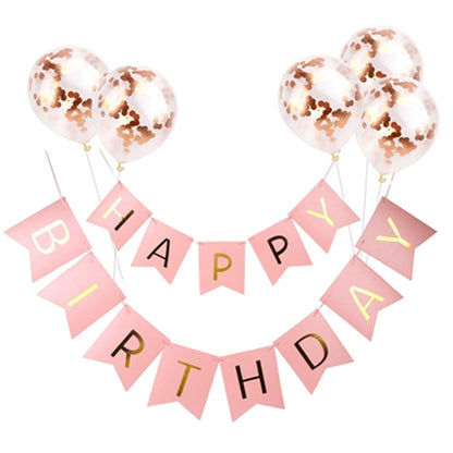 Bannière et ballons « Joyeux anniversaire » en or rose