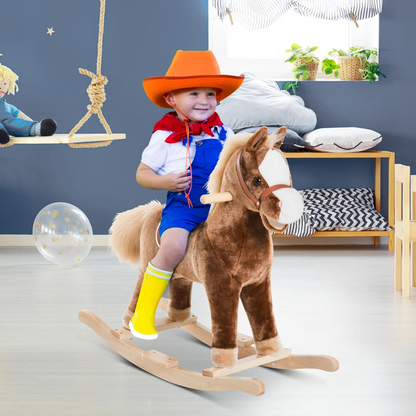Soft plush Kids Rocking Horse for children, ideal birthday or Christmas gift, mounted on sturdy wooden base.