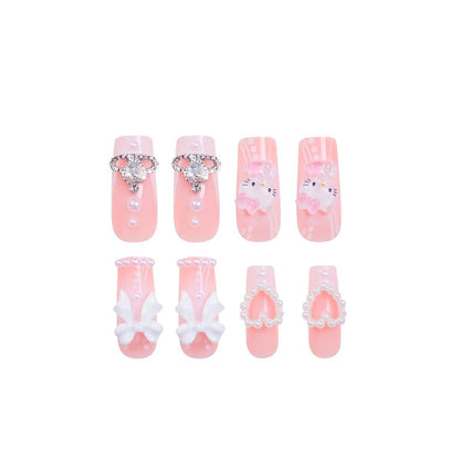24PC Hello Kitty French Nail Patches 3D White Bow Square Medium - Cake Pops Parties