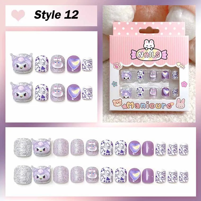 24Pcs Hello Kitty Kuromi Press - On Nails Kids 3 - 12Y Girls Gift - Cake Pops Parties