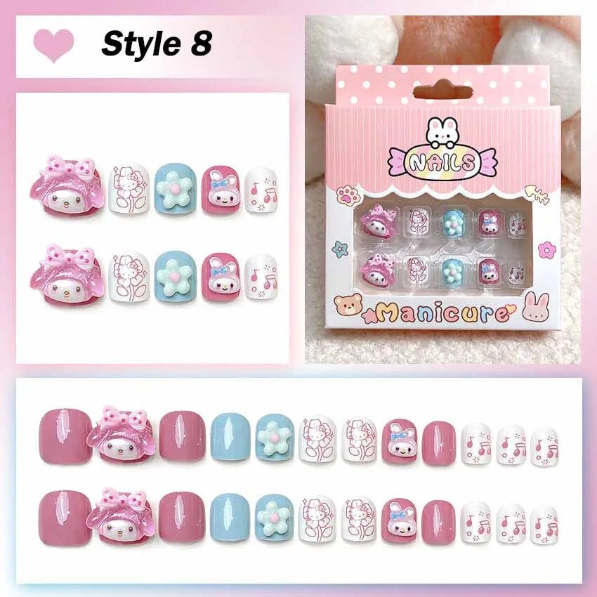 24Pcs Hello Kitty Kuromi Press - On Nails Kids 3 - 12Y Girls Gift - Cake Pops Parties