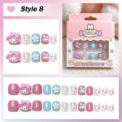 24Pcs Hello Kitty Kuromi Press - On Nails Kids 3 - 12Y Girls Gift - Cake Pops Parties