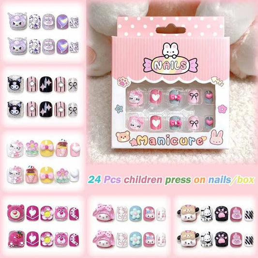 24Pcs Hello Kitty Kuromi Press - On Nails Kids 3 - 12Y Girls Gift - Cake Pops Parties