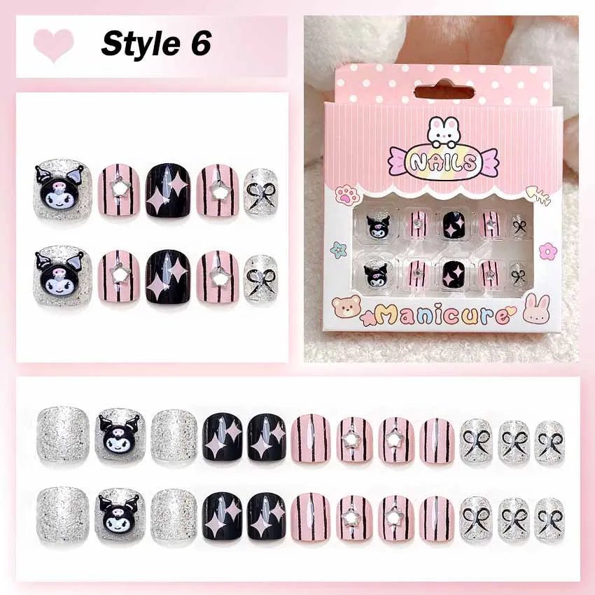 24Pcs Hello Kitty Kuromi Press - On Nails Kids 3 - 12Y Girls Gift - Cake Pops Parties