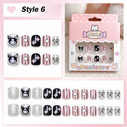 24Pcs Hello Kitty Kuromi Press - On Nails Kids 3 - 12Y Girls Gift - Cake Pops Parties