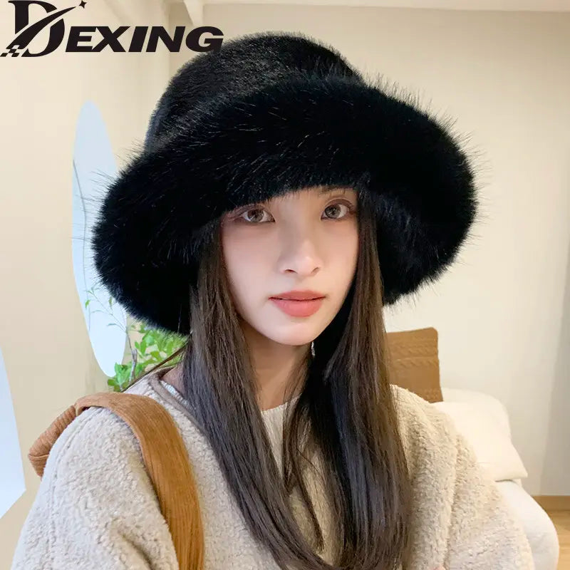 Warm Faux Fur Bucket Hat - Fashionable Outdoor Accessory in khaki color, perfect for winter outdoor activities.