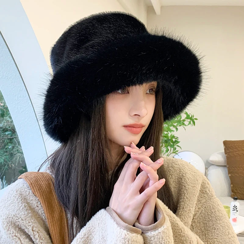 Warm Faux Fur Bucket Hat - Fashionable Outdoor Accessory displaying a chic white faux fur bucket hat for winter fashion.