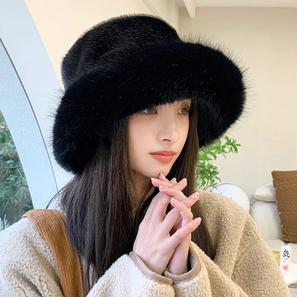 Warm Faux Fur Bucket Hat - Fashionable Outdoor Accessory displaying a chic white faux fur bucket hat for winter fashion.