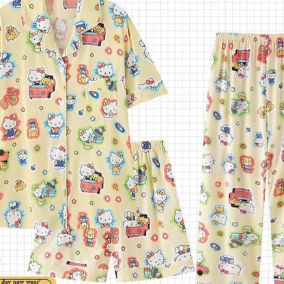 3Pc Hello Kitty Women's Pajama Set | Summer Kawaii Sleepwear Suits - Cake Pops Parties