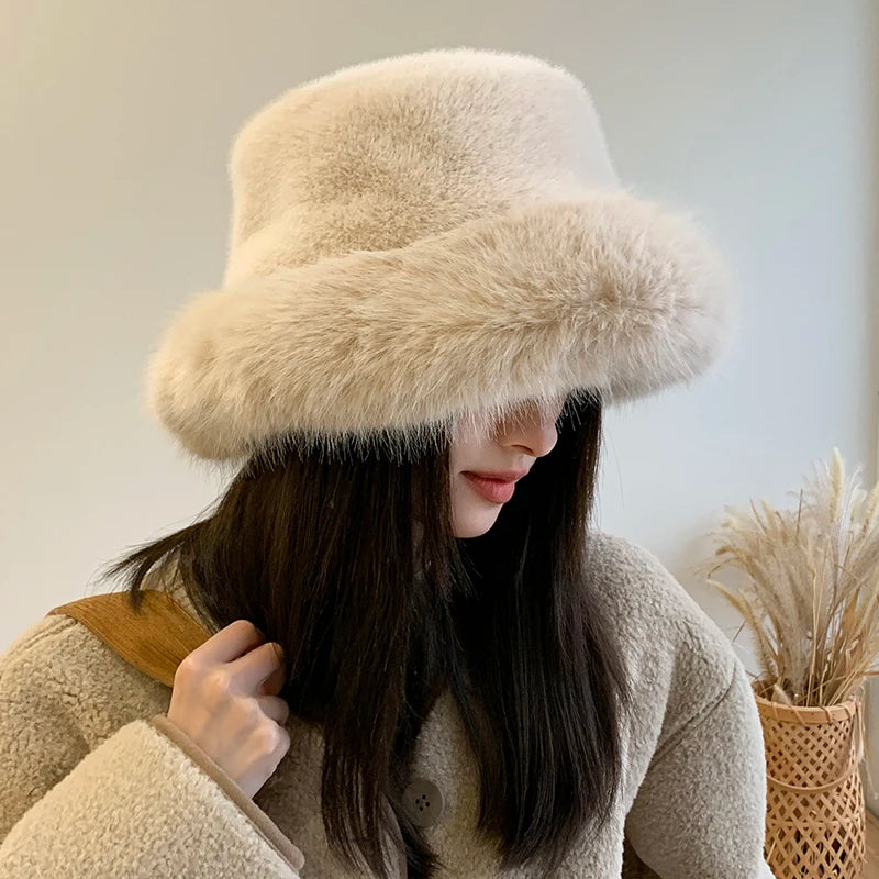 Warm Faux Fur Bucket Hat - Fashionable Outdoor Accessory presented in grey, a versatile faux fur bucket hat for all outdoor occasions.
