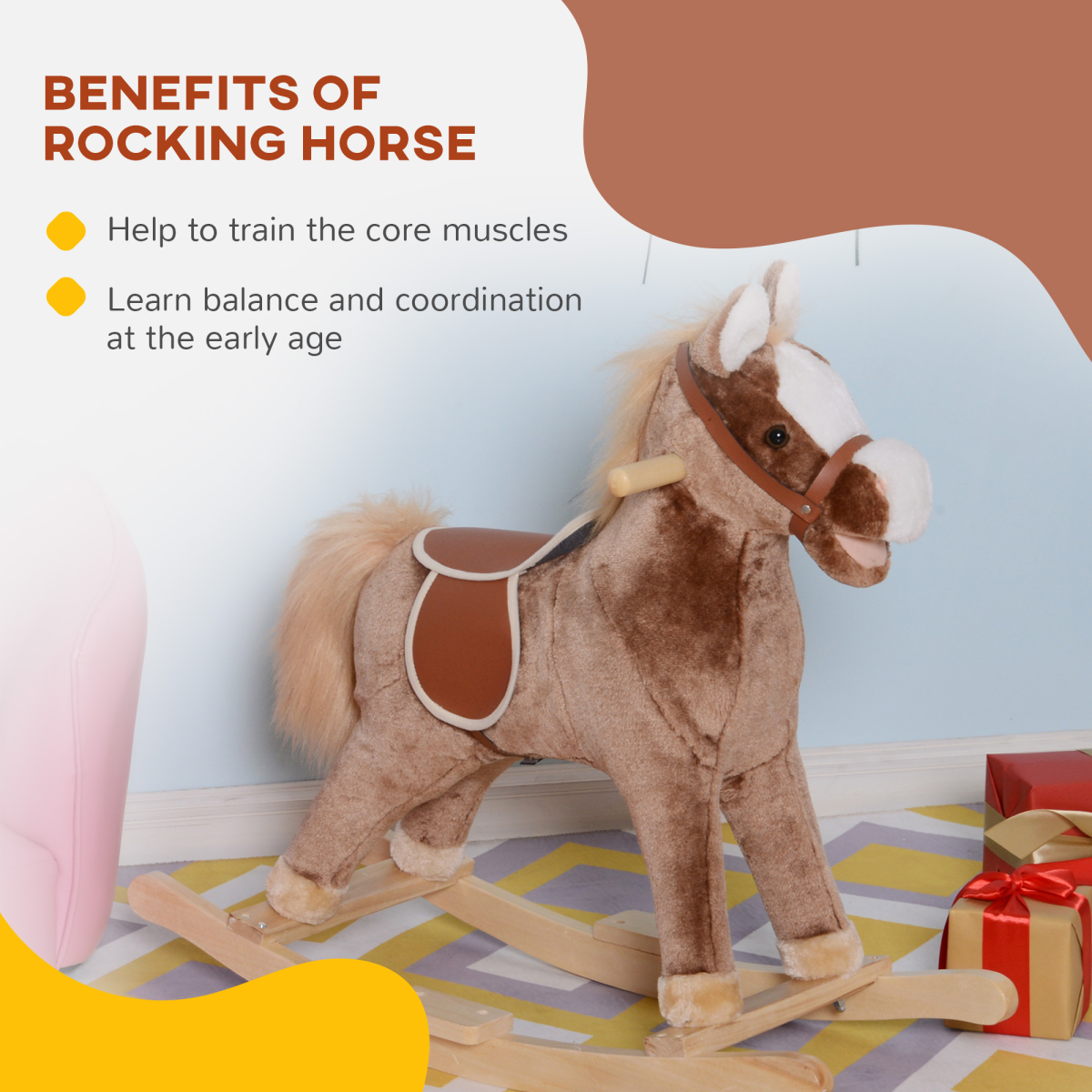 Dimensions of the Kids Rocking Horse showing overall size and seat height, suitable for young children.