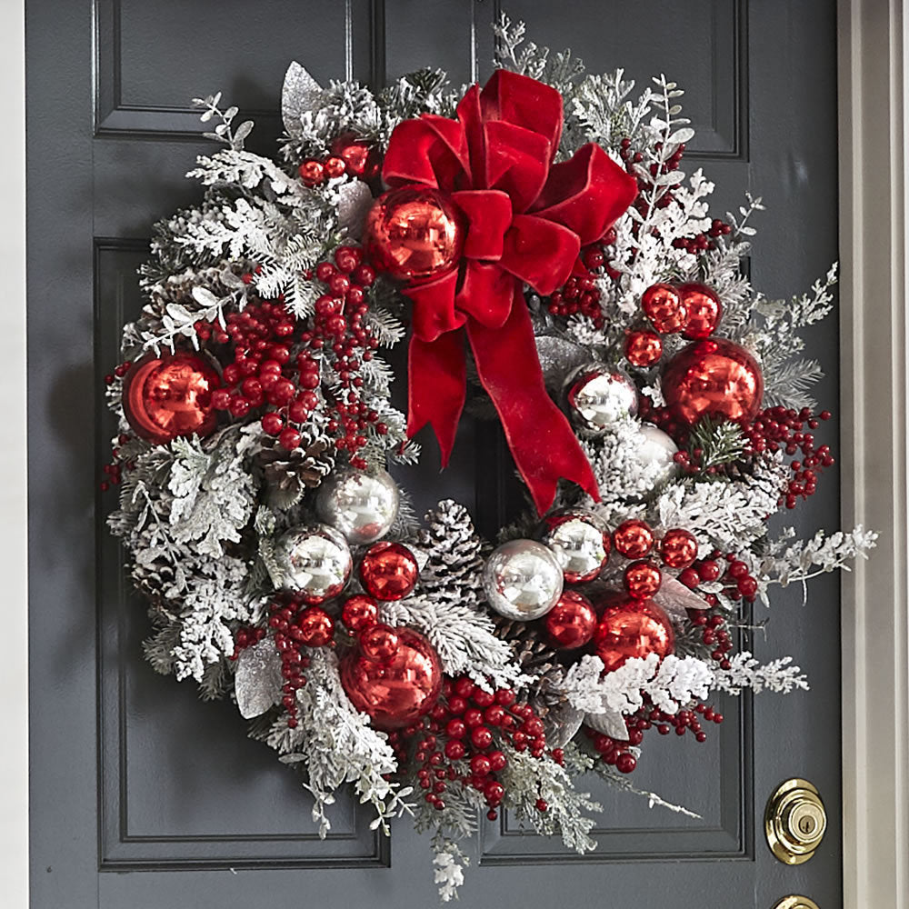 Couronne de Noël floquée rouge de qualité supérieure