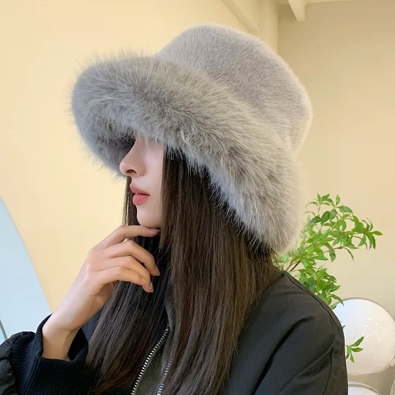Warm Faux Fur Bucket Hat - Fashionable Outdoor Accessory emphasizing the cozy fit and stylish design of this faux fur bucket hat.