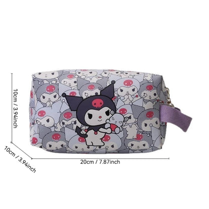 Small pouch with cartoon character design and measurements on a white background