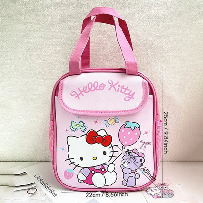 Pink 'Hello Kitty' bag with measurements on a light background
