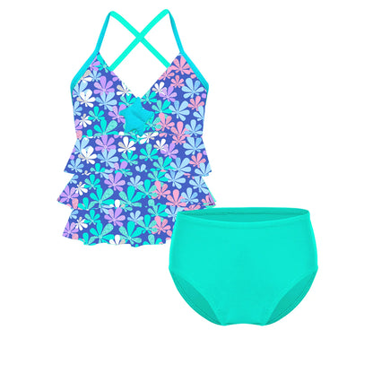 Two-piece swimsuit with floral top and teal bottom on a white background