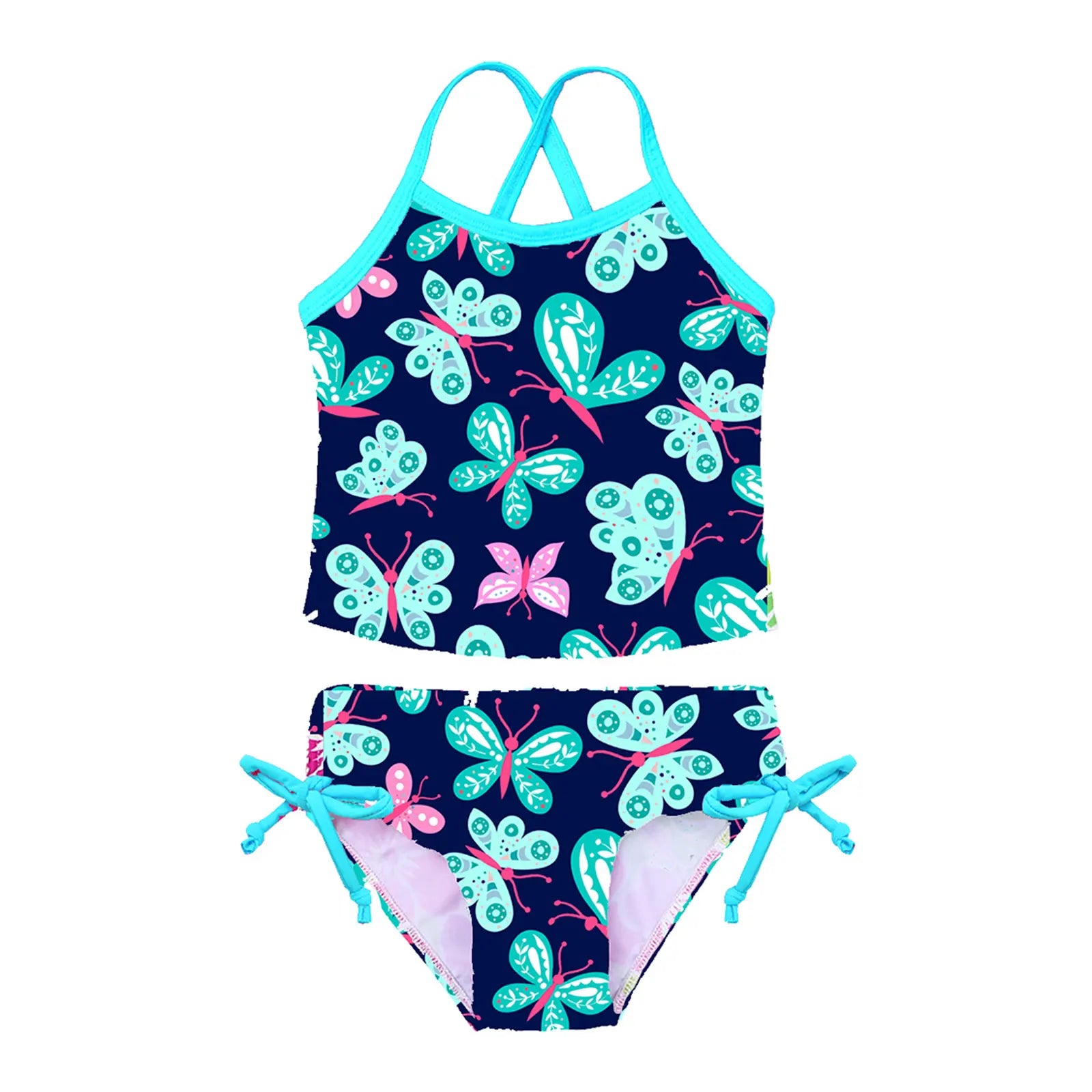 Two-piece swimsuit with butterfly pattern on a white background