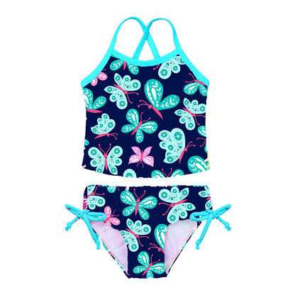 Two-piece swimsuit with butterfly pattern on a white background
