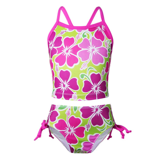 Two-piece swimsuit with pink and green floral pattern on a white background