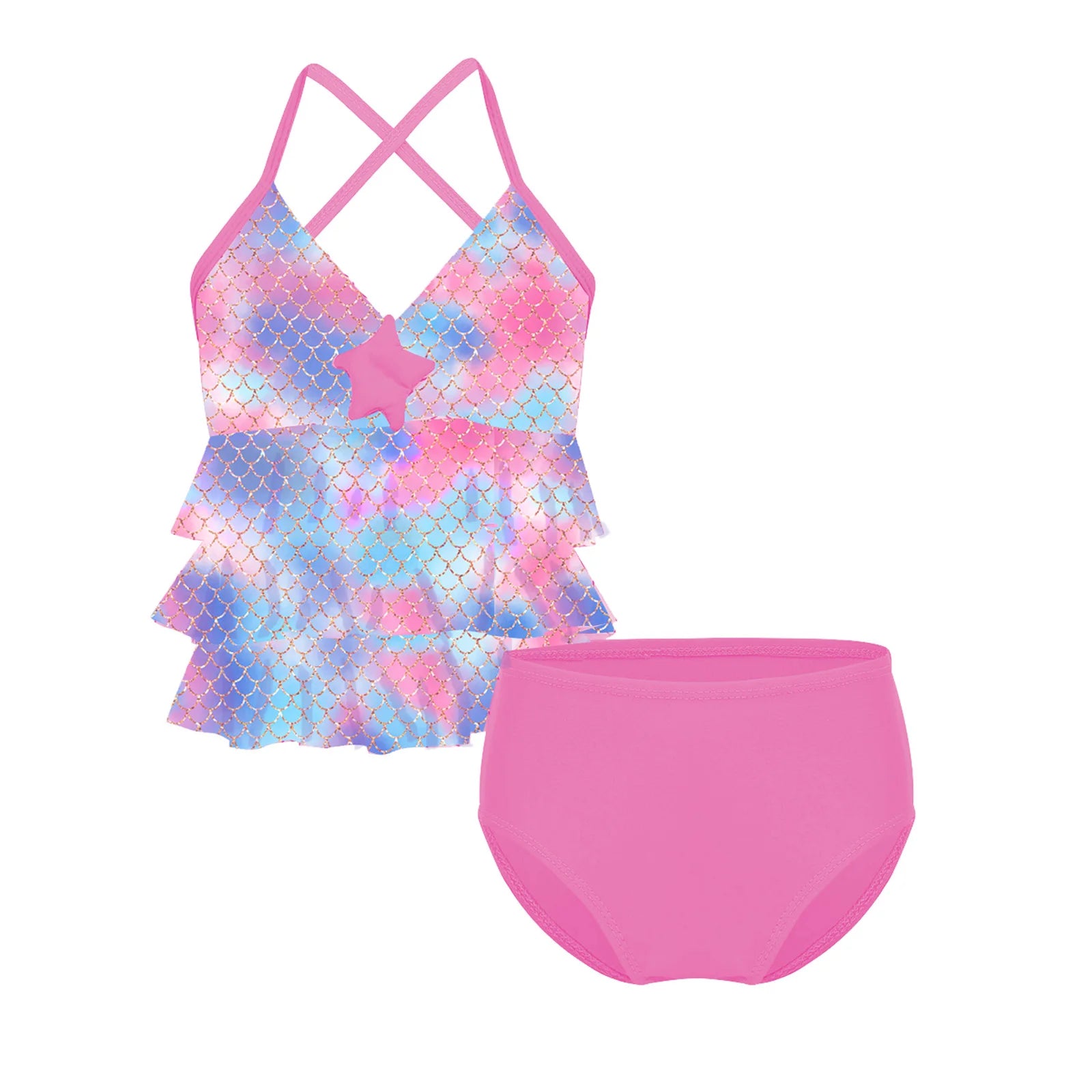 Two-piece swimsuit with colorful mermaid scale top and pink bottom on a white background
