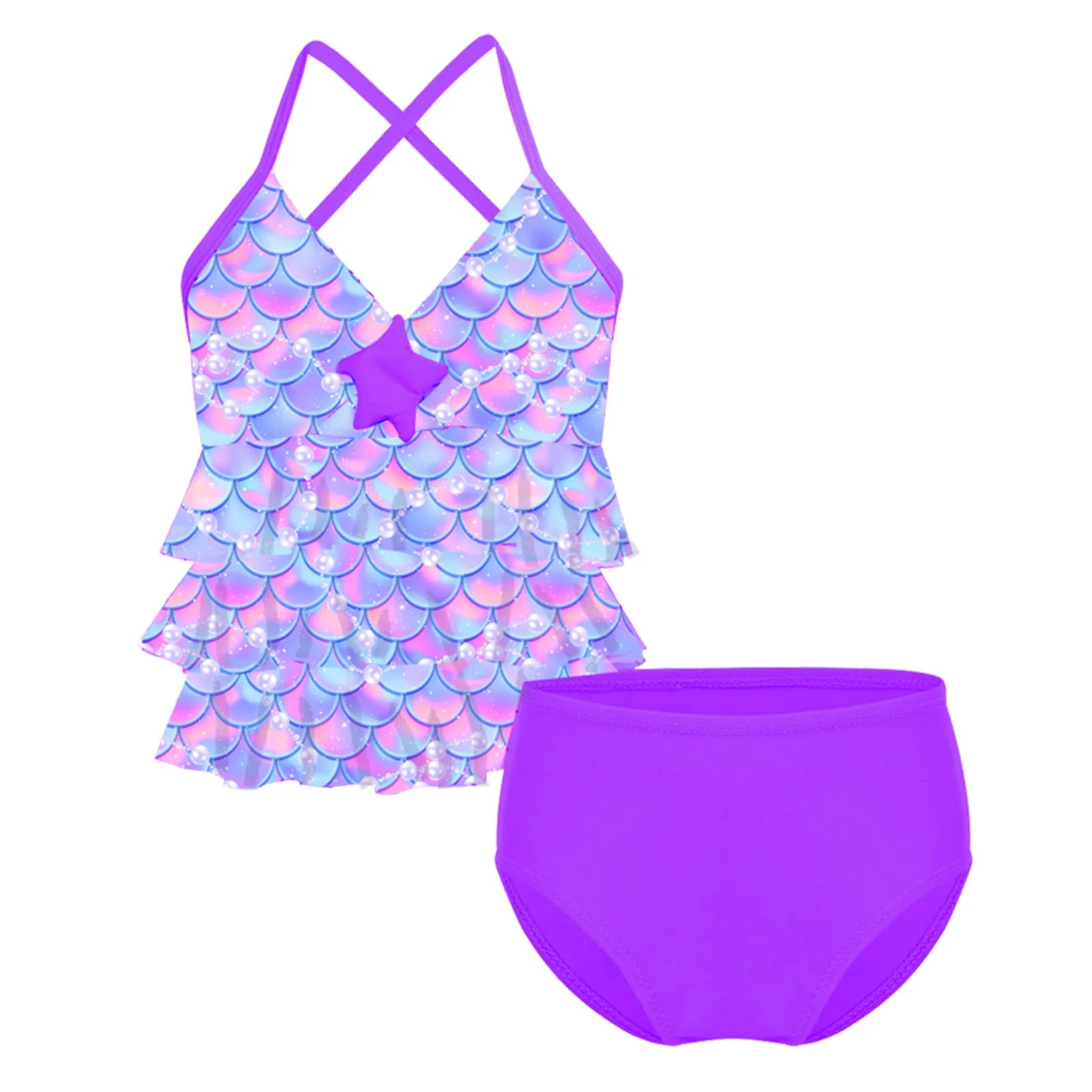 Two-piece swimsuit with mermaid scale pattern top and purple bottom on a white background
