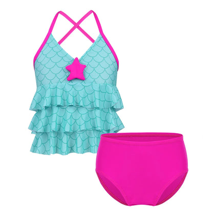 Two-piece swimsuit with turquoise top and pink bottom on a white background