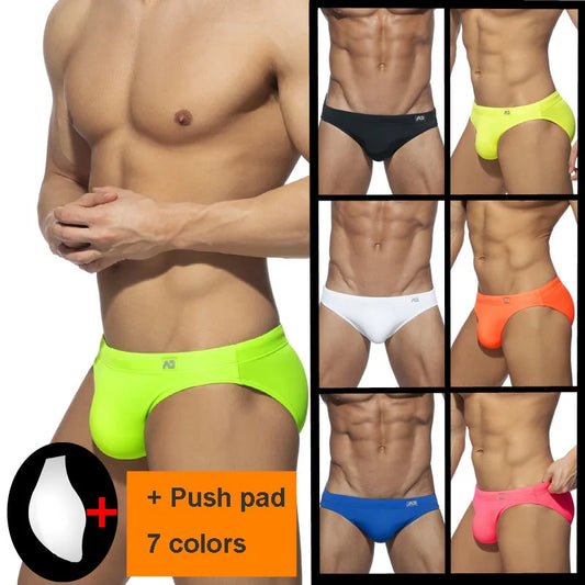 Man wearing neon green underwear with a push pad, surrounded by images of different colored underwear.