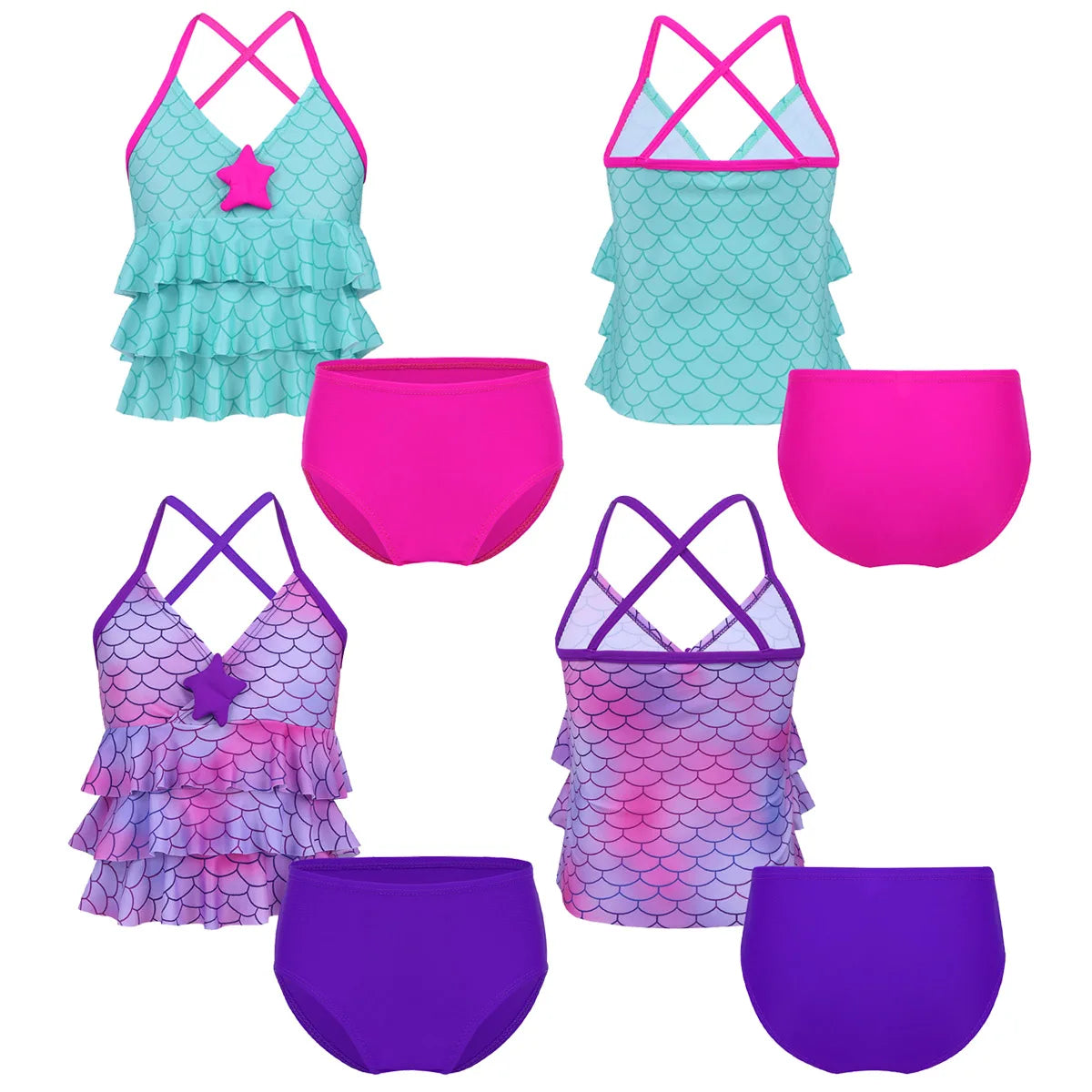 Two-piece swimsuits with mermaid scale design in teal, pink, and purple on a white background.