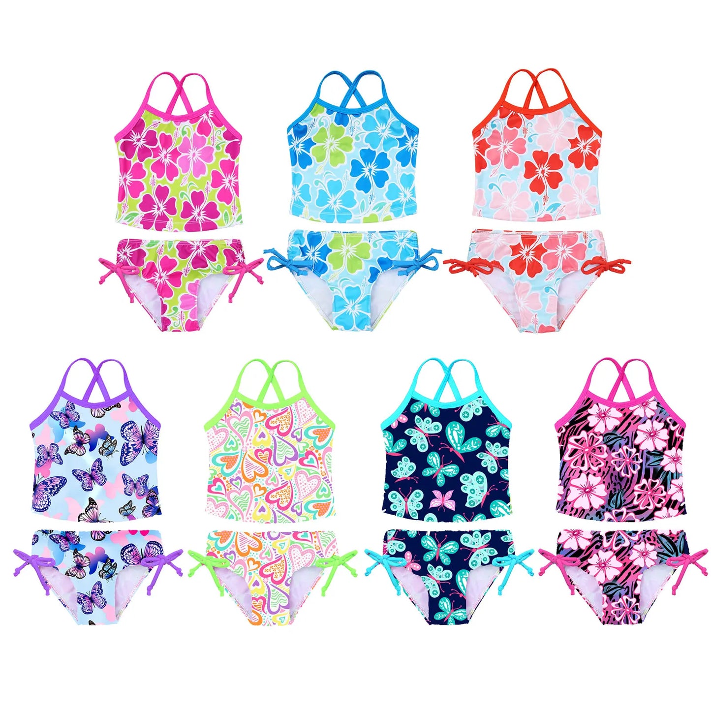 Set of colorful girls' swimsuits with various patterns on a white background